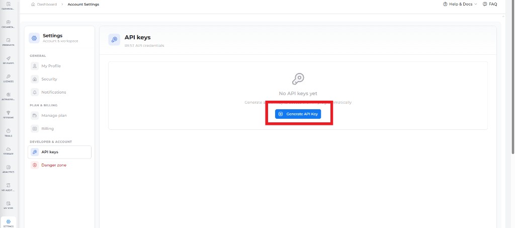 Account Settings API keys page with Generate API Key button
