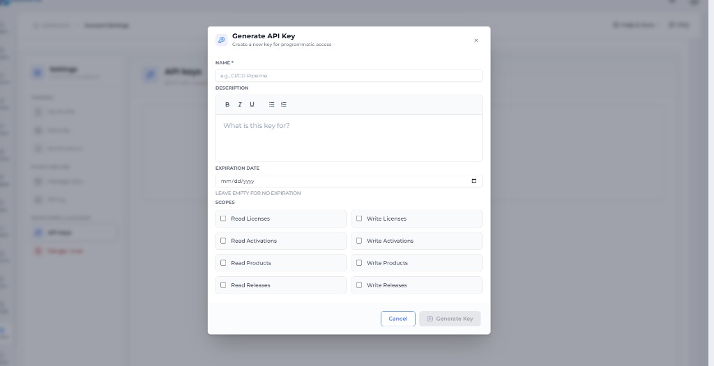 Generate API Key modal: name, description, expiration, and permission scopes