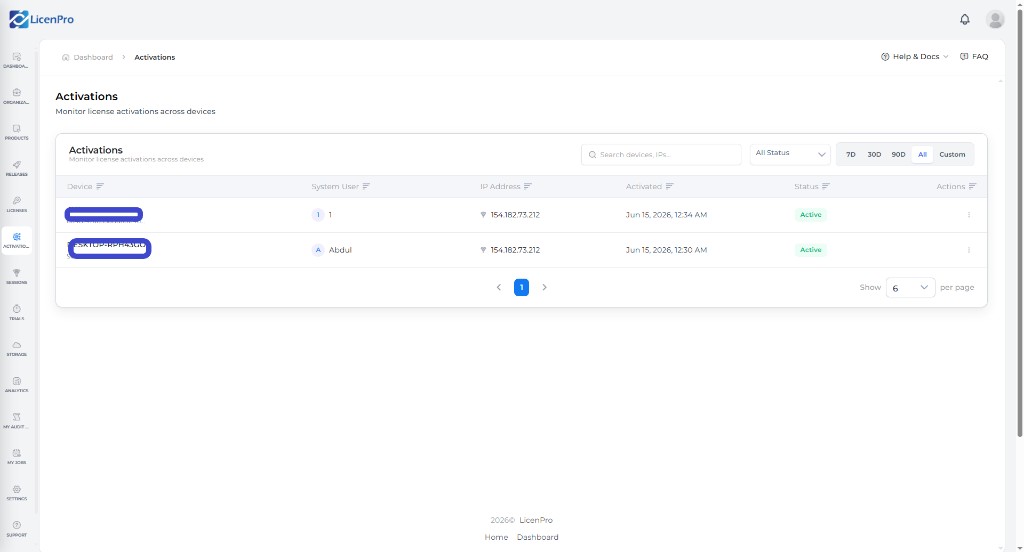 Global Activations page with device, user, IP, status columns