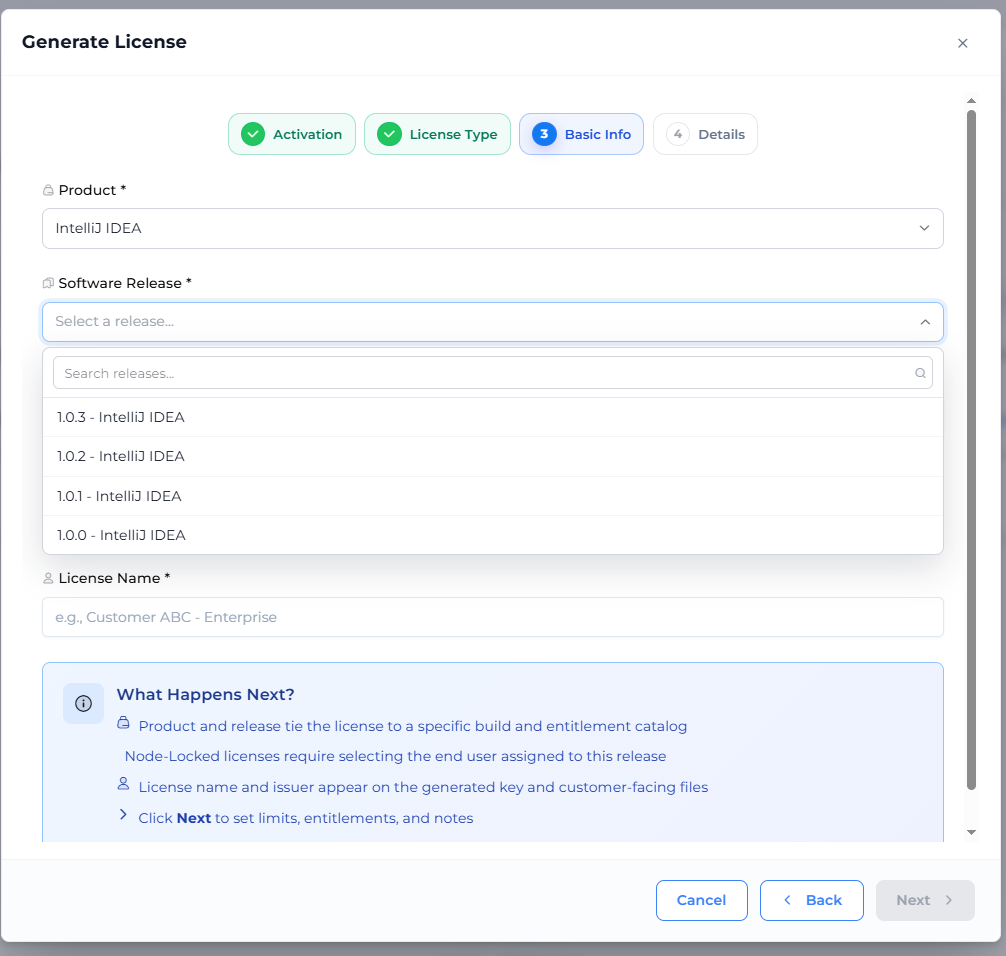 Basic Info step: product, release, issued to, license name
