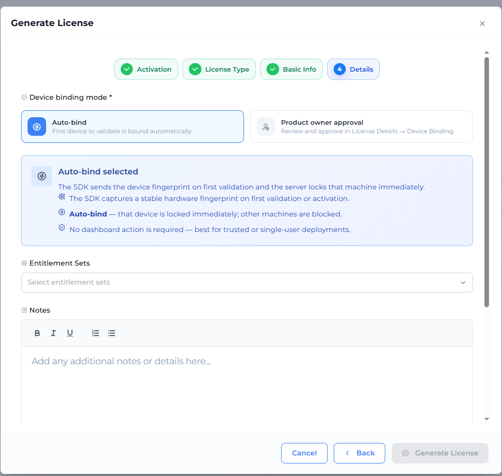 Details step: Device binding mode for Node-Locked