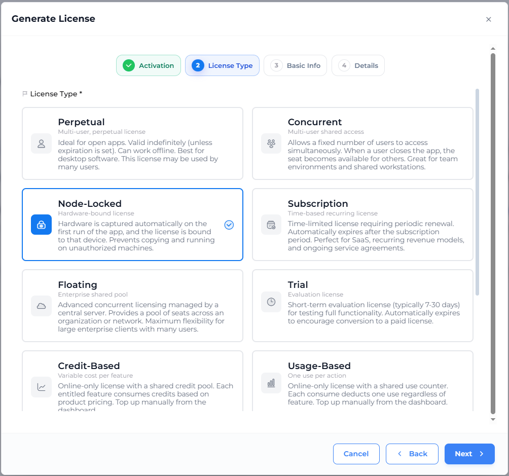 License Type step with Usage-Based selected