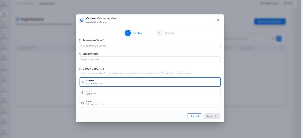 Create Organization modal step 1 Identity: organization name, website, and default entry role