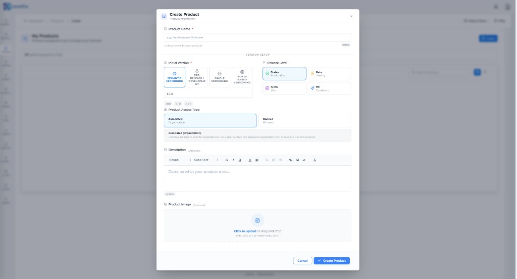 Create Product modal: name, version setup, release level, access type, description, and image
