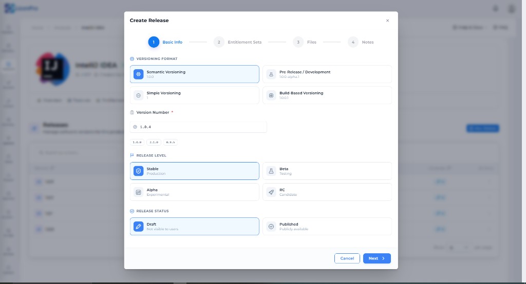 Create Release wizard step 1: versioning format, release level, and draft or published status