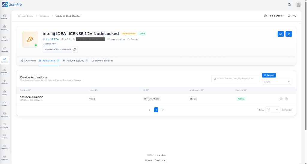 Node-Locked license Activations tab with one active device row