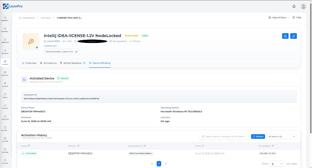Node-Locked Device Binding tab: activated device, hardware ID, activation history