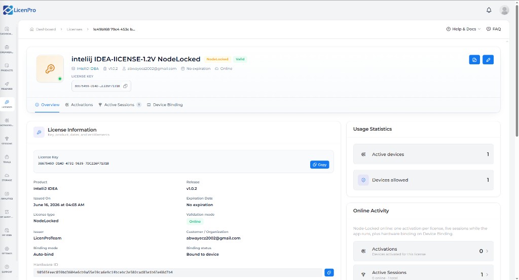 Node-Locked license Overview tab: binding mode, binding status, hardware ID, usage stats