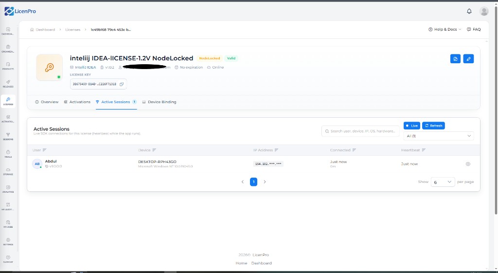 Node-Locked license Active Sessions tab with live heartbeat