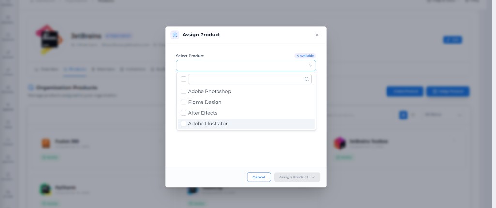 Assign Product modal: select products to link to the organization