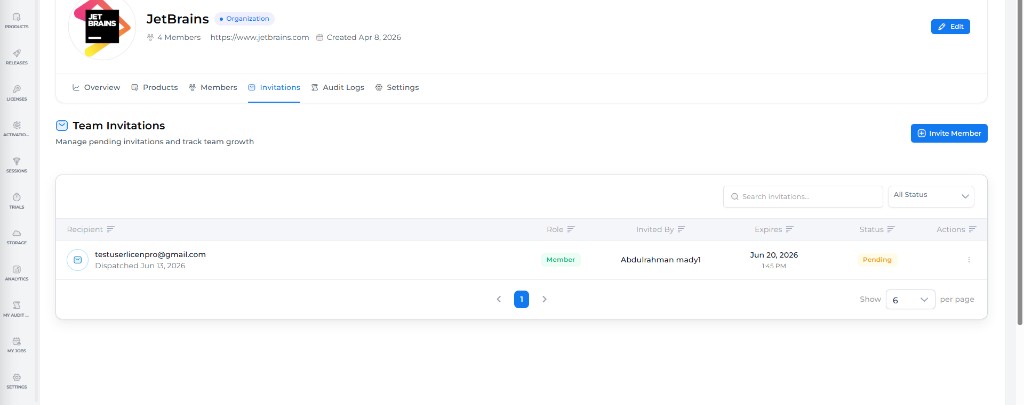 Organization Team Invitations tab: pending invites with role, status, and expiry