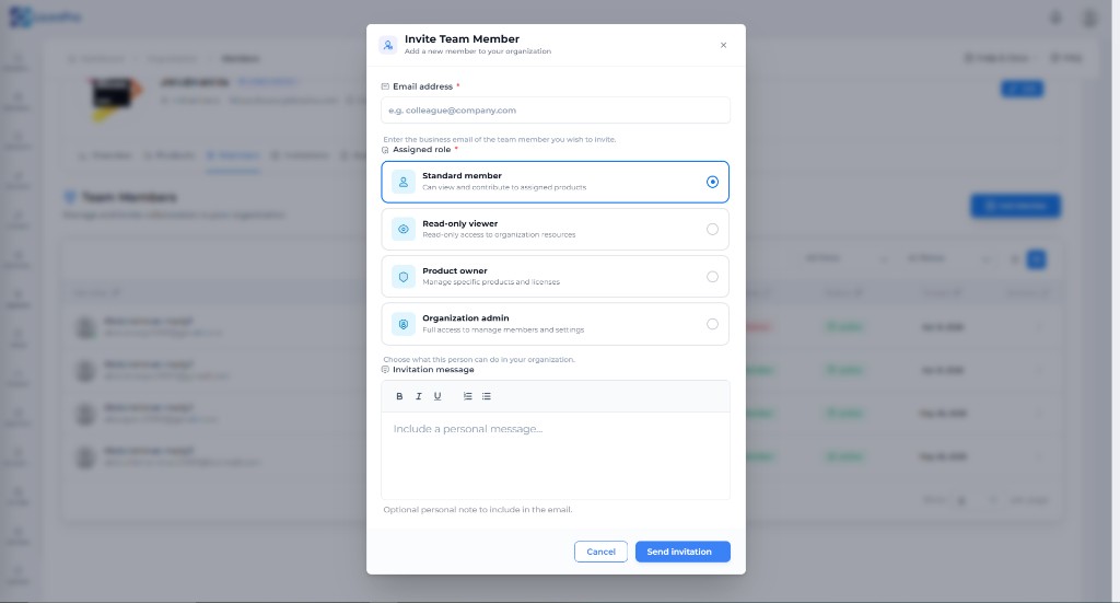 Invite Team Member modal: email, assigned role, and invitation message