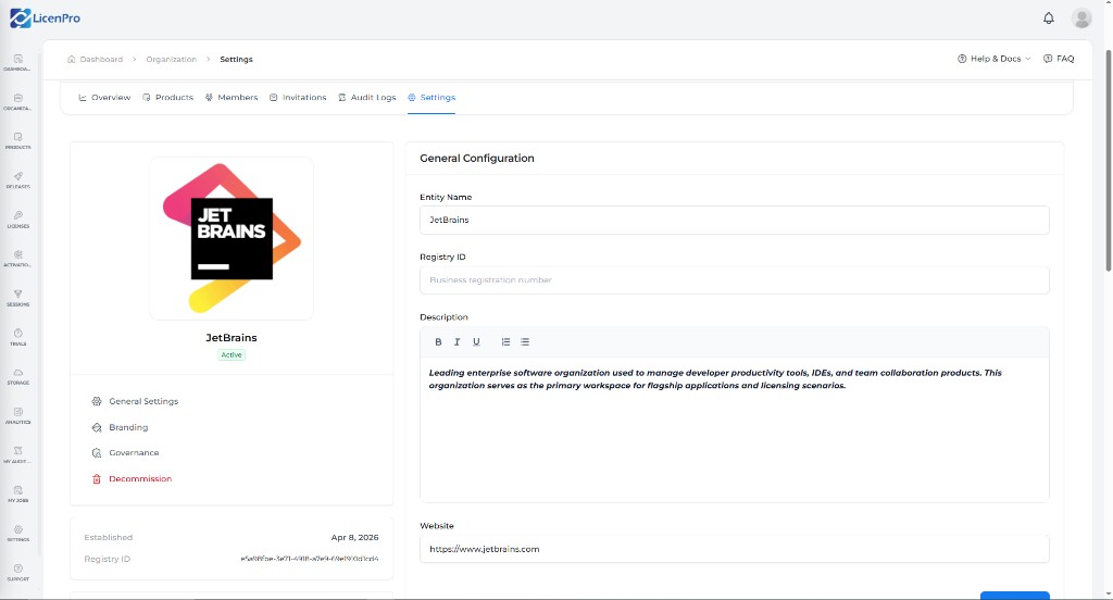 Organization Settings General Configuration: name, description, website, and branding sub-nav