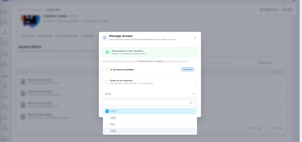 Manage Access modal: grant version access per user including future releases