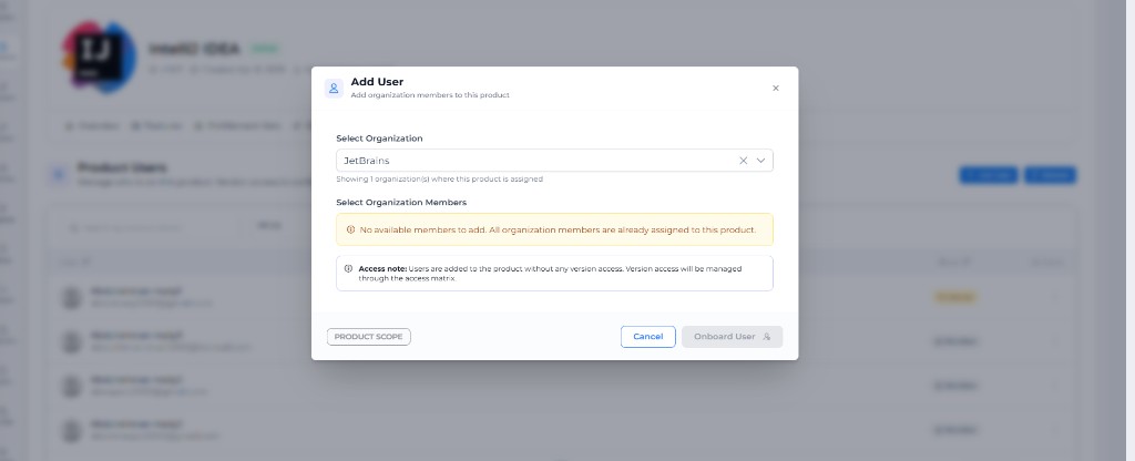Add User modal: onboard organization members to the product