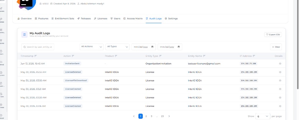 Product Audit Logs tab: license creation, download, and invitation activity