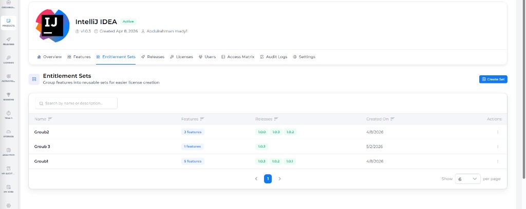 Entitlement Sets tab: group features into reusable sets linked to releases