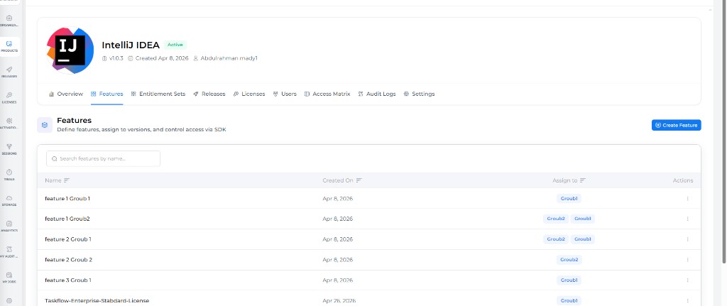 Product Features tab: define features and assign to entitlement groups