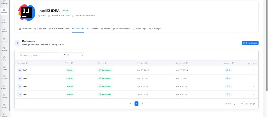 Product Releases tab: version list with type, status, and license counts