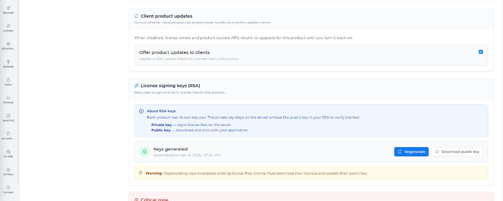 Product Settings: License signing keys RSA section