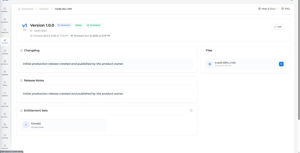 Release detail page: changelog, notes, entitlement sets, and Google Drive file download